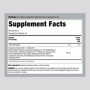 Supplement Facts for PB8 with 14 Billion CFU per serving, 60 Vegetarian Capsules.