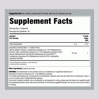 Supplement Facts panel for PB8 Probiotic, containing 14 Billion CFU and 60 capsules, displayed.