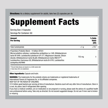 Supplement Facts panel for PB8 14 Billion CFU Probiotic, 120 Capsules.