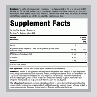 Label showing supplement facts for Relaxing Sleep Powder, 16 OZ.