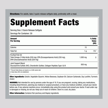 The Supplement Facts panel for Joint Support 60 Softgels provides detailed ingredient information and nutritional content.