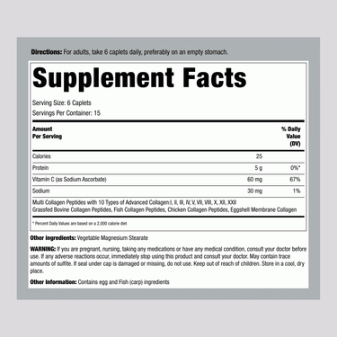 Label showing Multi Collagen Peptides 90 Caplets supplement facts.
