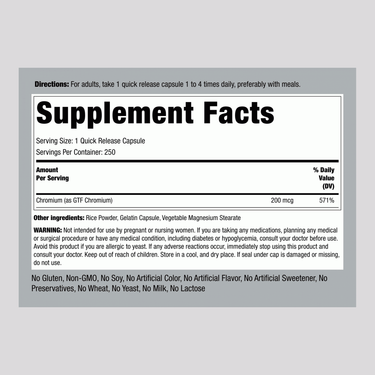 Supplement Facts for GTF Chromium 200 mcg, 250 Capsules.