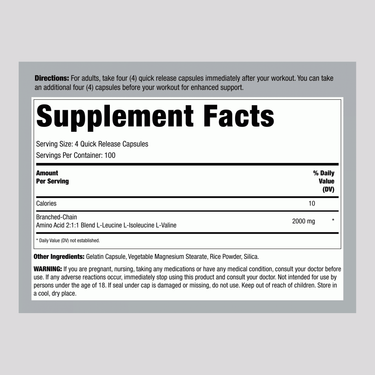 Image of Carlyle BCAA 2000 mg 400 Capsules Supplement Facts panel.