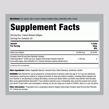 Supplement Facts panel for Pumpkin Seed Saw Palmetto 180 Softgels.