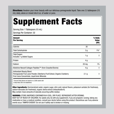 Supplement Facts for NCL Collagen Liquid Pomegranate 16 Fl oz.