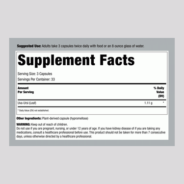 Supplement Facts panel for Uva Ursi Leaves in a 100-capsule bottle.