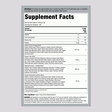 Supplement Facts panel for Organic Greens Powder, 1.1 lbs, 100 servings.
