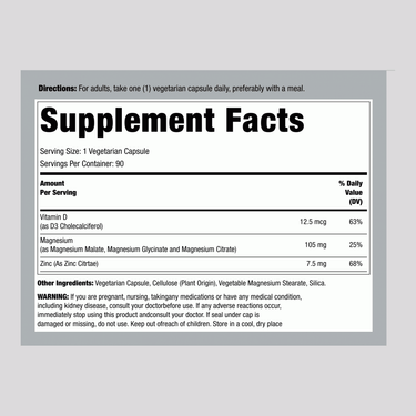 Supplement Facts panel for Carlyle Magnesium Zinc and Vitamin D, 90 capsules detailing ingredients.