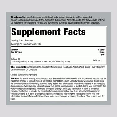 Supplement Facts panel showing details for Horbaach Salmon Oil 64 oz For Dogs.