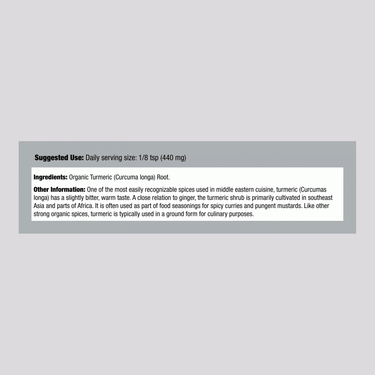 Supplement Facts panel for Starwest Turmeric Root Organic, 1 lb, showing nutritional information.