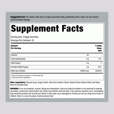 Supplement Facts panel for NT Biotin 10,000 mcg, containing 50 gummies.