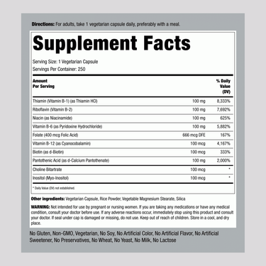 Image showing Supplement Facts panel for B-100 B Complex Capsules 250.