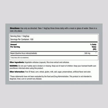 Prickly Pear Cactus 100 Tablets supplement facts panel displayed.