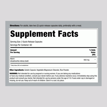 Neem Leaf supplement facts panel showing 950mg dosage, 120 capsules per bottle.