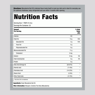 Supplement Facts panel displaying details for Macadamia Nut Oil, including nutritional information and ingredient list.