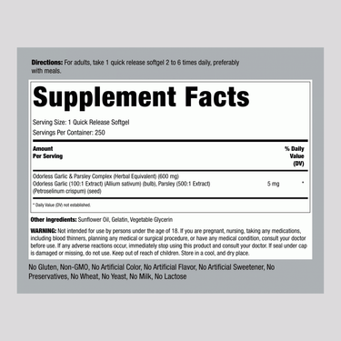 Supplement Facts for Odorless Garlic & Parsley Softgels 250-count.