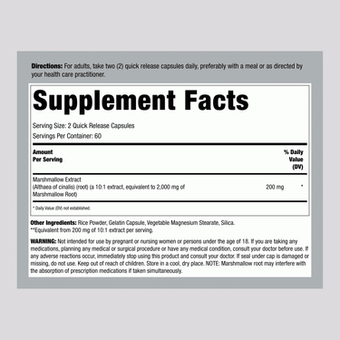 Supplement Facts panel displaying details for Marshmallow 2000 mg, 120 capsules.