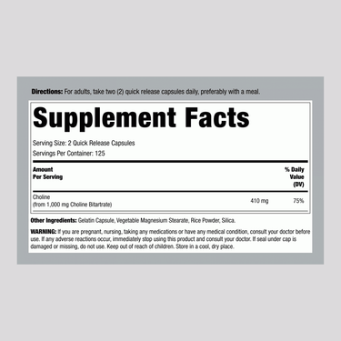 Supplement Facts panel for Horbaach Choline Bitartrate 1000 mg with 250 capsules.