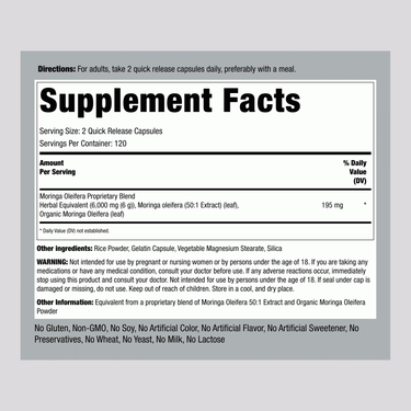 Supplement Facts panel for Moringa Oleifera, showing 6000 mg per serving and 240 capsules per container.