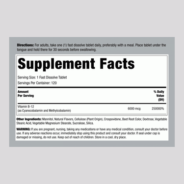 Supplement Facts panel for Carlyle Sublingual B-12 6000mcg, 120 Fast Dissolve Tablets.