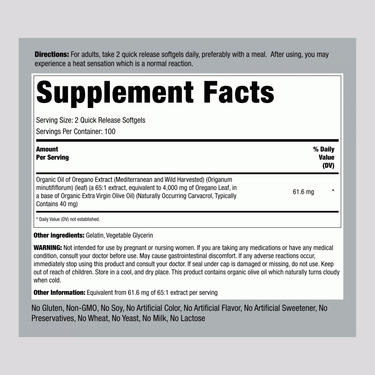 Supplement Facts for Oregano Oil 4000 mg Softgels, 200 count.