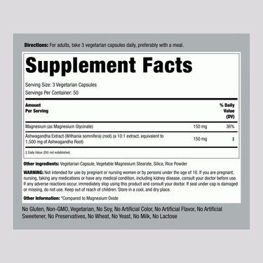 Supplement Facts panel for Magnesium Glycinate & Ashwagandha, 150 vegetarian capsules.