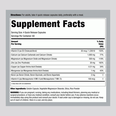 Detailed Supplement Facts for LN Bone Support including Vitamin K2.