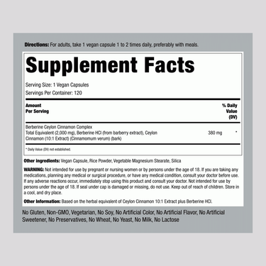 Supplement Facts panel for Berberine Complex with Ceylon Cinnamon, 2000mg, 120 capsules.