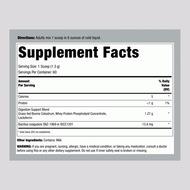 Supplement Facts panel displaying details for Colostrum - Unflavored.