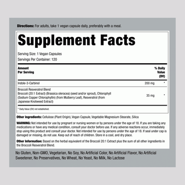 Indole-3-Carbinol with Resveratrol, 200 mg, 120 Vegan Capsules