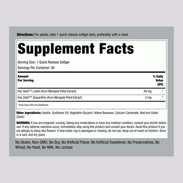 Detailed Supplement Facts for Lutein 40 mg with Zeaxanthin Softgels, 90 count.