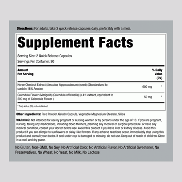 Supplement Facts for Horse Chestnut (Standardized Extract) 300 mg, 180 capsules.