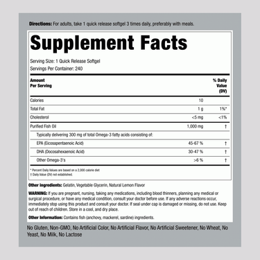 The Supplement Facts panel for Fish Oil 1000 mg Lemon Softgels, containing 240 softgels, is shown.