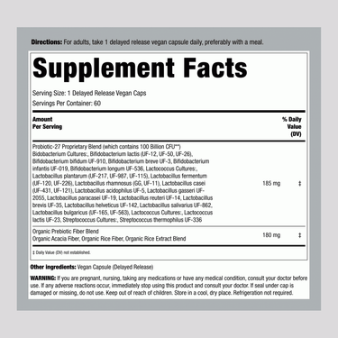 Supplement Facts panel detailing Probiotic 100 Billion CFU with 60 capsules.