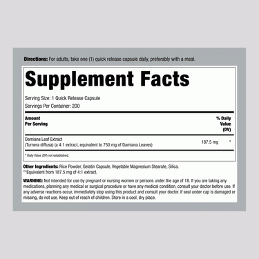 Supplement Facts for Horbaach Damiana Leaves, 750 mg, 200 Capsules, displayed on the label.