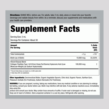 Supplement Facts label for Collagen Biotin Hyaluronic Liquid, 2 fl oz.