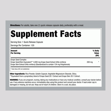 Image of Supplement Facts panel for Grapeseed 4000 Complex 120 Capsules.