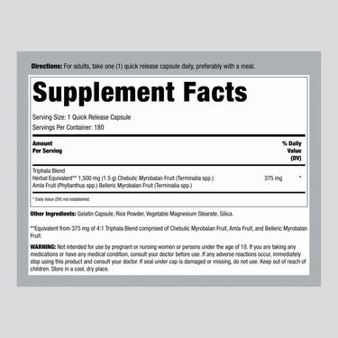 Image showing Supplement Facts for Carlyle Triphala 1500 mg, 180 Capsules.