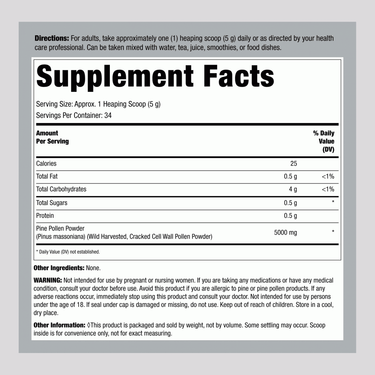 Supplement Facts for a 6 oz. Pine Pollen Powder.