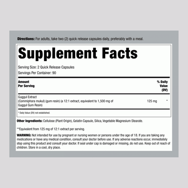 Supplement Facts panel for Guggul Extract, 1500 mg, 180 capsules.