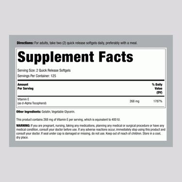 Supplement Facts panel for Carlyle Natural Vitamin E 400 IU, 250 Softgels.