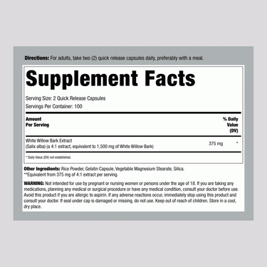 Supplement Facts panel for Horbaach White Willow Bark 1500mg 200 Capsules.