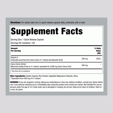Supplement Facts panel for Camu Camu Extract 2000 mg, 150 capsules.