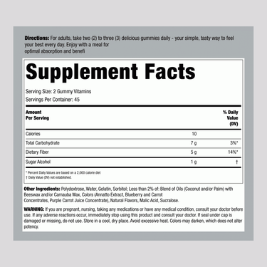 Image of Supplement Facts for Fiber Well Sugar Free Gummy, 90 Count.