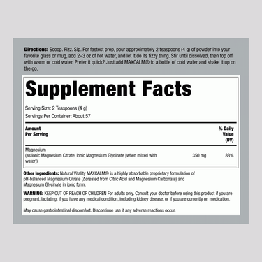 Supplement Facts panel for NV Calm Original Unflavored, 8 oz (226 g).