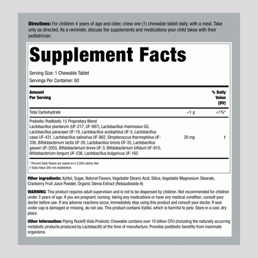 Image of Supplement Facts for Kids 10B Probiotic Chew, 60 count.