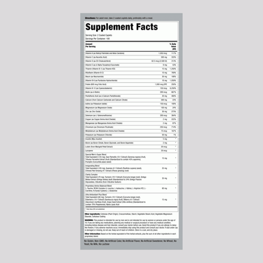 Image of Supplement Facts panel for PIP Multiple for Men 50 Plus Coated Caplets, showing ingredients.