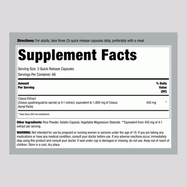 Supplement Facts for Carlyle Cissus 1800 mg, 200 Capsules displayed clearly.