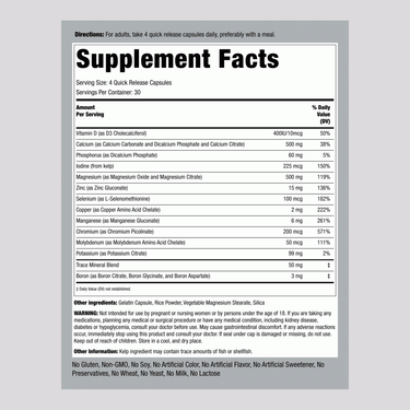 Supplement Facts panel displaying information for Mega Multi Mineral Capsules, 120 count.